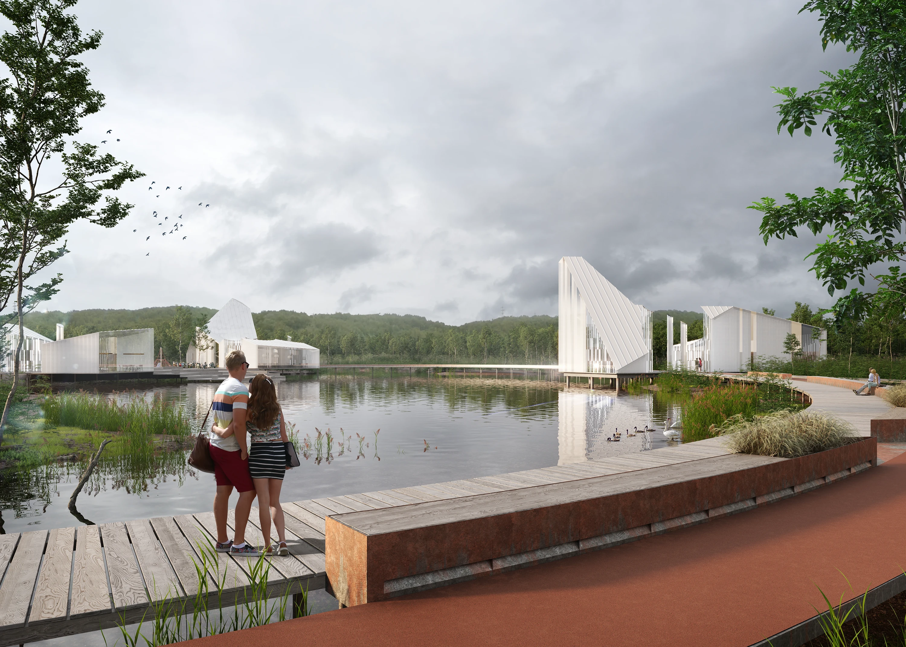 Sketch of a waterside park with angular buildings and people in the foreground.